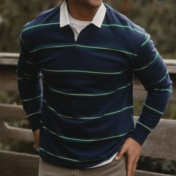 The Normal Brand Lenox Navy Stripe Jersey Rugby Polo - Picture 1 of 5